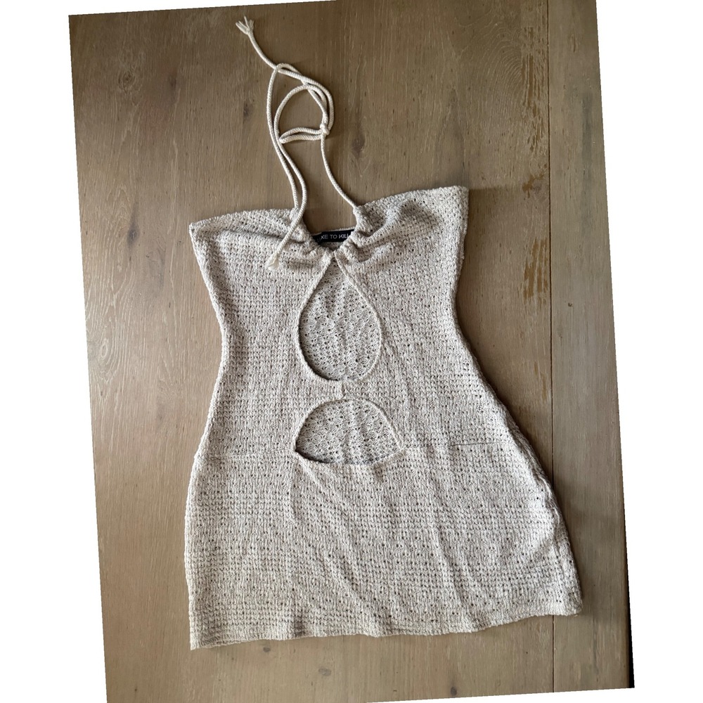 Luxe To Kill Oatmeal Crochet Halter Mini‎ Dress Cutout Beige Size US 8
